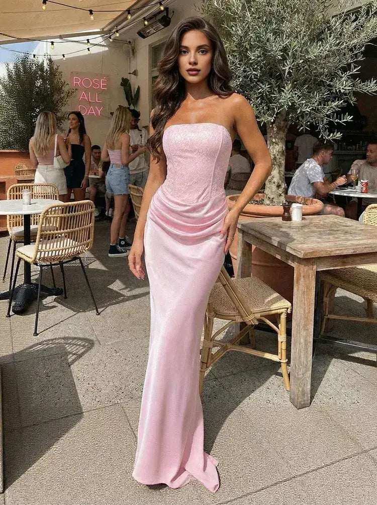 Elegant Strapless Corset Ruched Light Pink Floor-Length Prom Dress Women's Gown