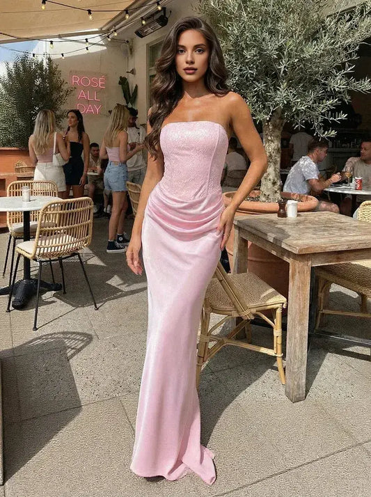 Elegant Strapless Corset Ruched Light Pink Floor-Length Prom Dress Women's Gown