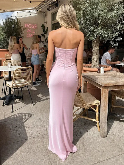 Elegant Strapless Corset Ruched Light Pink Floor-Length Prom Dress Women's Gown