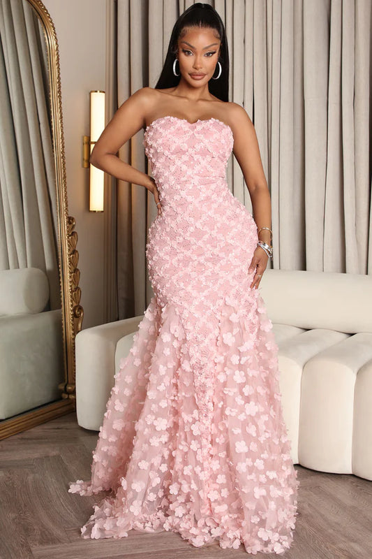 Elegant Strapless Mermaid Floral Sequin Blush Pink Floor-Length Prom Gown