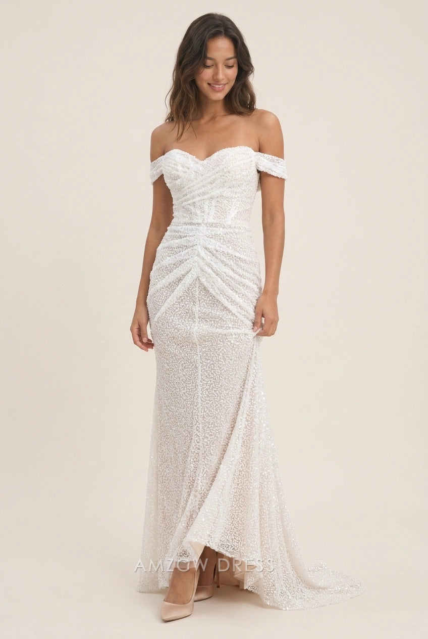Elegant Trumpet Off-Shoulder Ruched Sparkling Champagne Floor-Length Prom Dresses