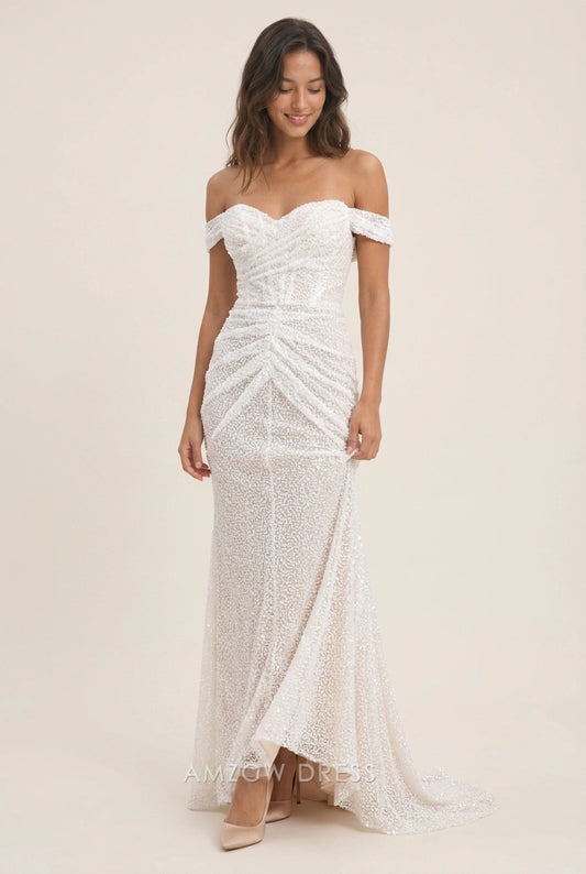 Elegant Trumpet Off-Shoulder Ruched Sparkling Champagne Floor-Length Prom Dresses