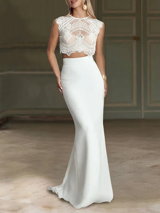 Elegant Two-Piece Illusion Round Neck Sleeveless White Floor-Length Prom Gown