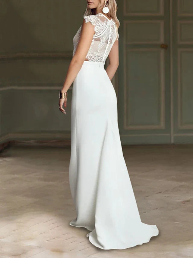 Elegant Two-Piece Illusion Round Neck Sleeveless White Floor-Length Prom Gown