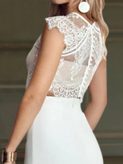 Elegant Two-Piece Illusion Round Neck Sleeveless White Floor-Length Prom Gown