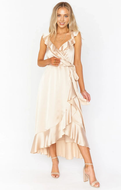 Elegant Wrap Ruffled V-Neck Sleeveless Flowy Champagne High-Low Prom Dress Women's