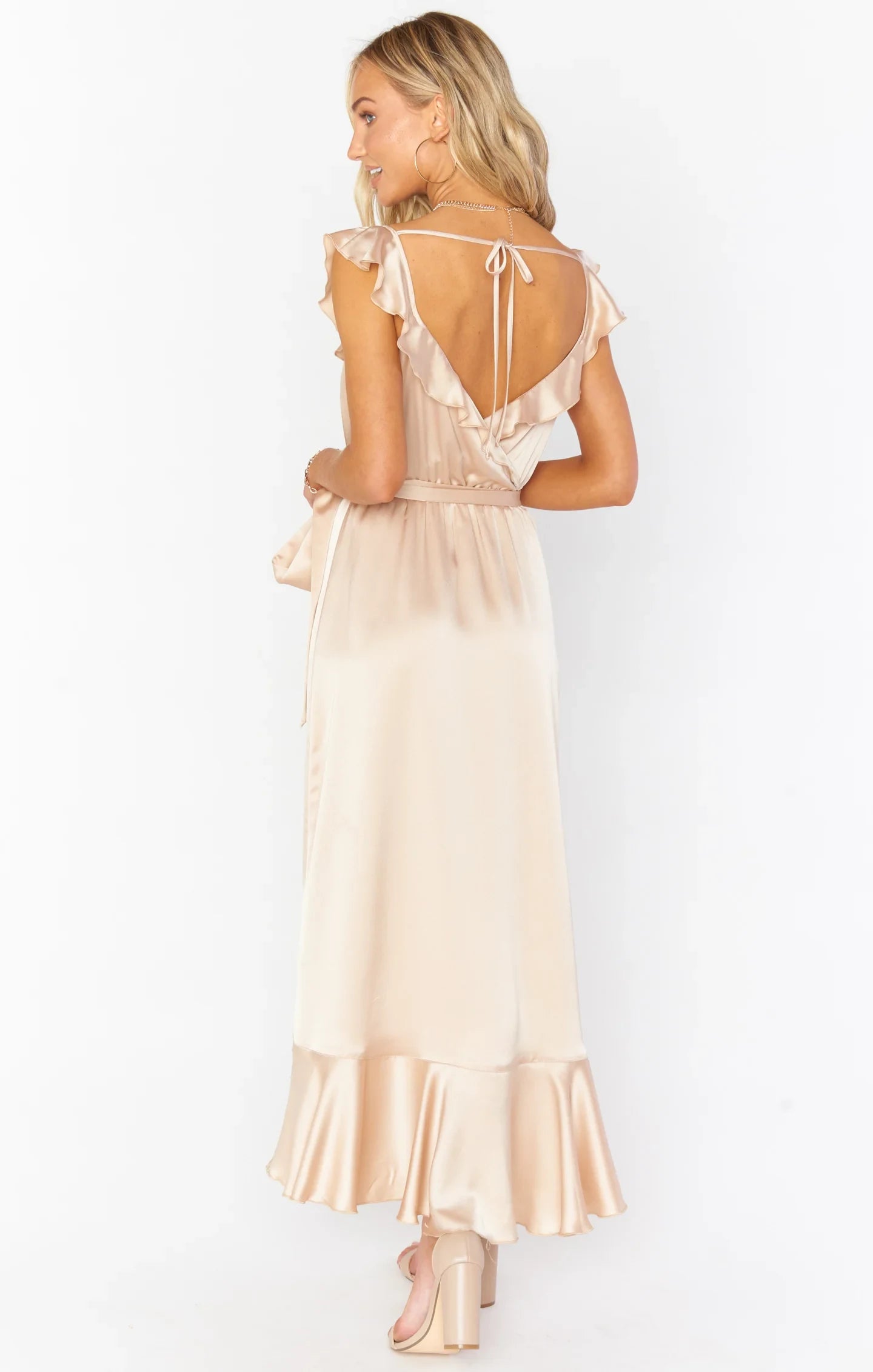 Elegant Wrap Ruffled V-Neck Sleeveless Flowy Champagne High-Low Prom Dress Women's