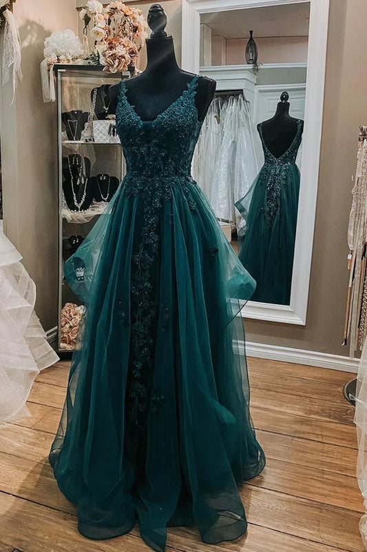 Embroidered Spaghetti Strap V-Neck Tulle Ballgown Prom Dress