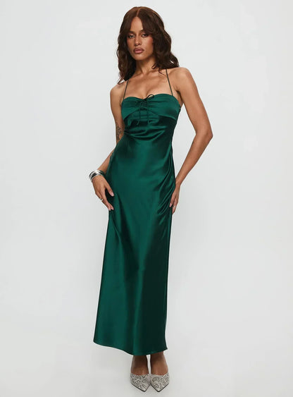 Emerald Green Halter Neck Satin Maxi Formal Evening Prom Dress