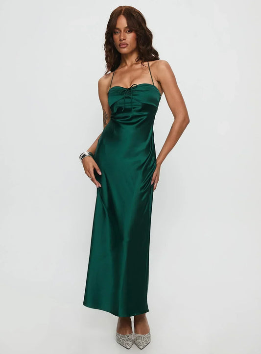 Emerald Green Halter Neck Satin Maxi Formal Evening Prom Dress