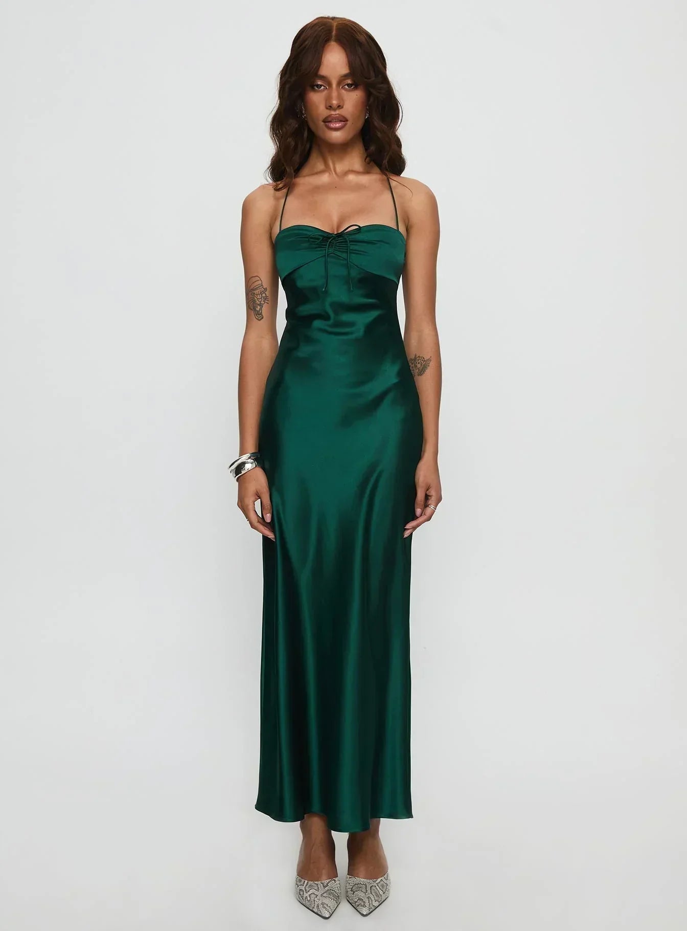 Emerald Green Halter Neck Satin Maxi Formal Evening Prom Dress