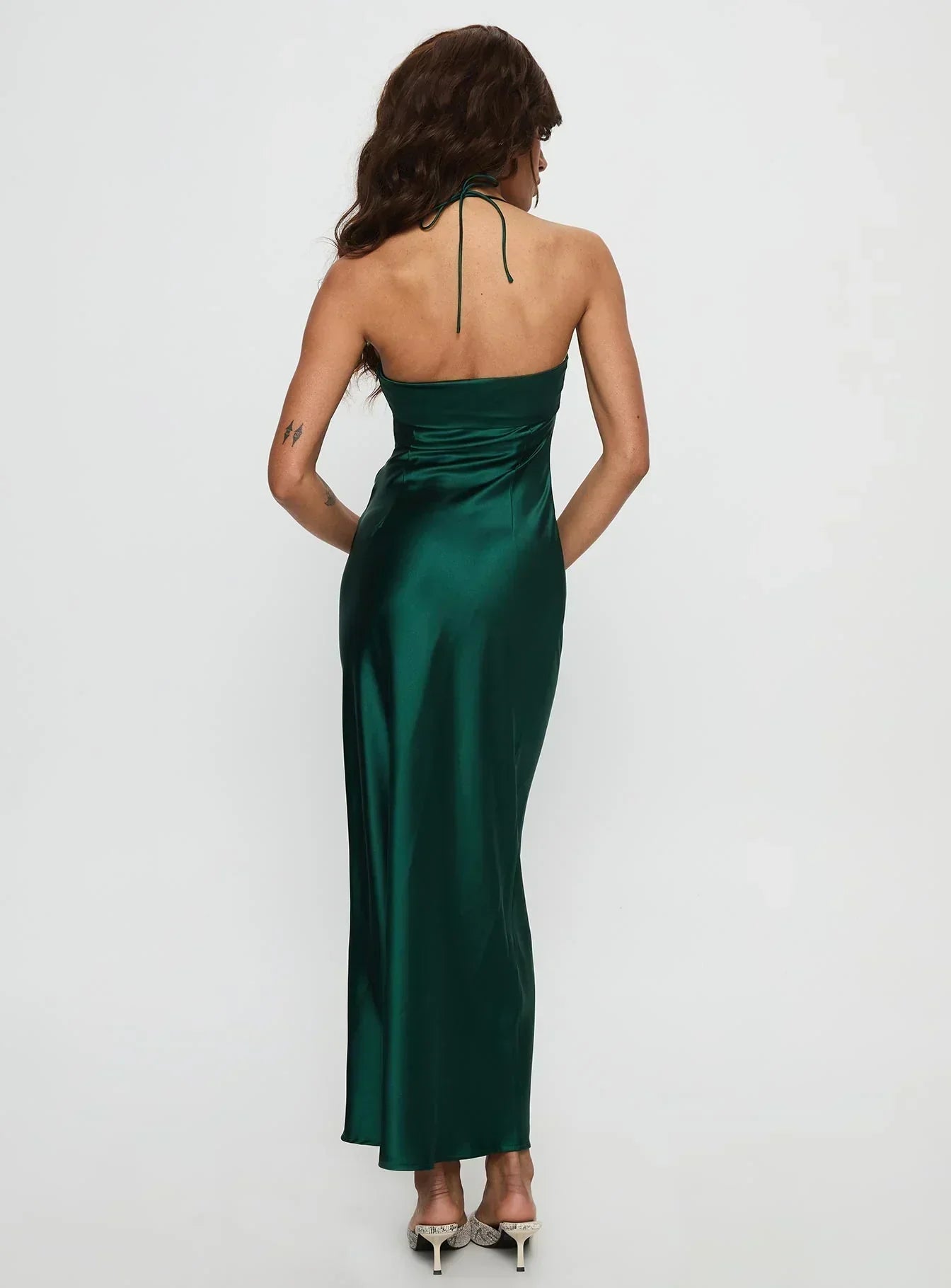Emerald Green Halter Neck Satin Maxi Formal Evening Prom Dress