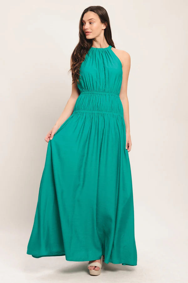 Emerald Green Halter Neck Tiered A Line Floor Length Formal Evening Prom Dress
