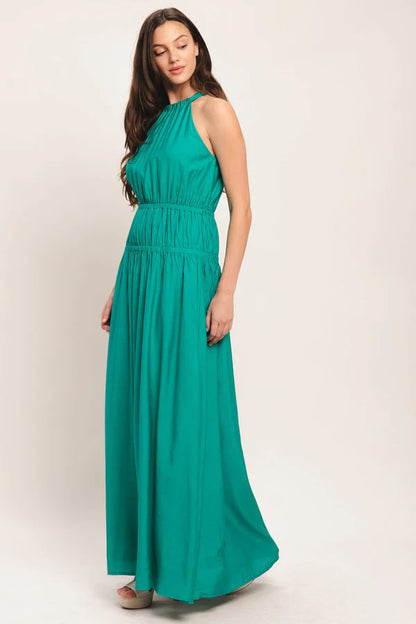Emerald Green Halter Neck Tiered A Line Floor Length Formal Evening Prom Dress