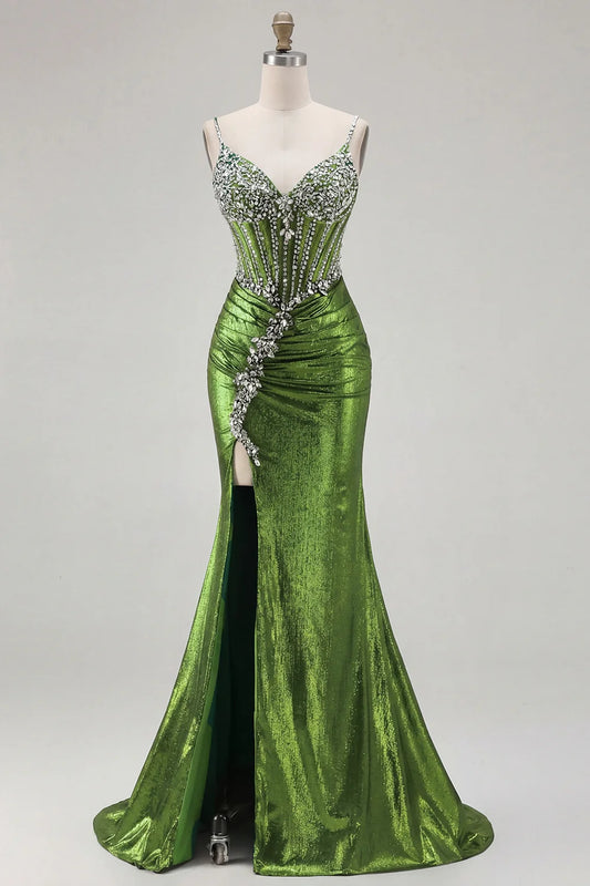 Emerald Green Metallic Mermaid Prom Dress with Beaded Corset Bodice Spaghetti Straps Lace-Up Back High Slit Floor-Length Evening Gown