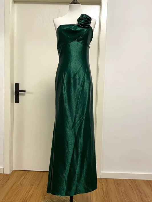 Emerald Green One-Shoulder Satin Mermaid Floor Length Prom Dress