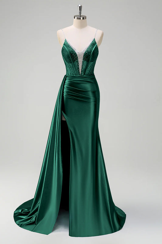 Emerald Green Satin Sheer Beaded Corset Spaghetti Strap Mermaid Prom Dress with Slit
