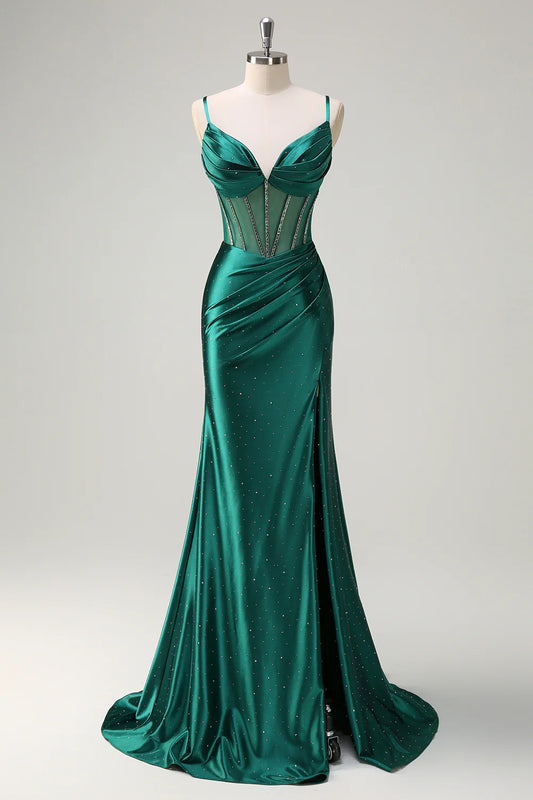 Emerald Green Satin Spaghetti Strap Corset Back Mermaid Prom Dress with Slit