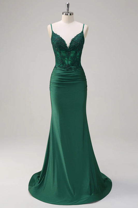 Emerald Green Satin Spaghetti Strap Lace Applique Backless Mermaid Prom Dress