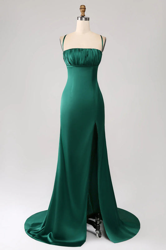 Emerald Green Satin Spaghetti Strap Mermaid Prom Dress with High Slit and Train