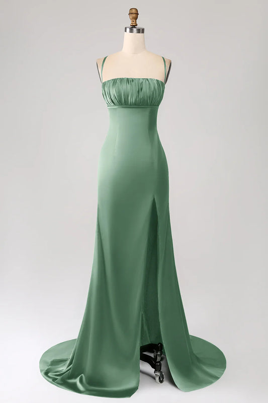 Emerald Green Satin Spaghetti Strap Square Neck Mermaid Prom Dress with High Slit
