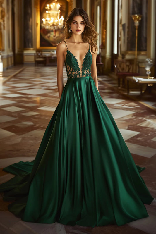Emerald Green Spaghetti Strap Lace Applique Deep V-Neck Satin A-Line Maxi Prom Dress with Pockets and Train