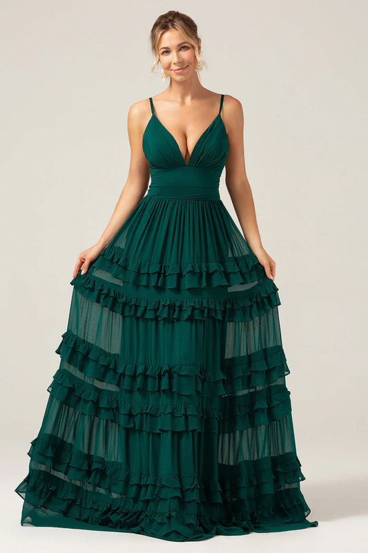 Emerald Green Spaghetti Strap V-Neck Tiered Ruffle Prom Dress with Open Back and Chiffon Fabric