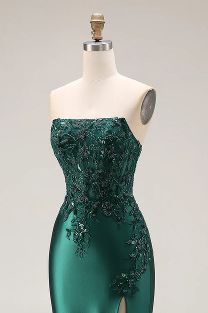 Emerald Green Strapless Beaded Lace-Up Mermaid Prom Dress with High Slit