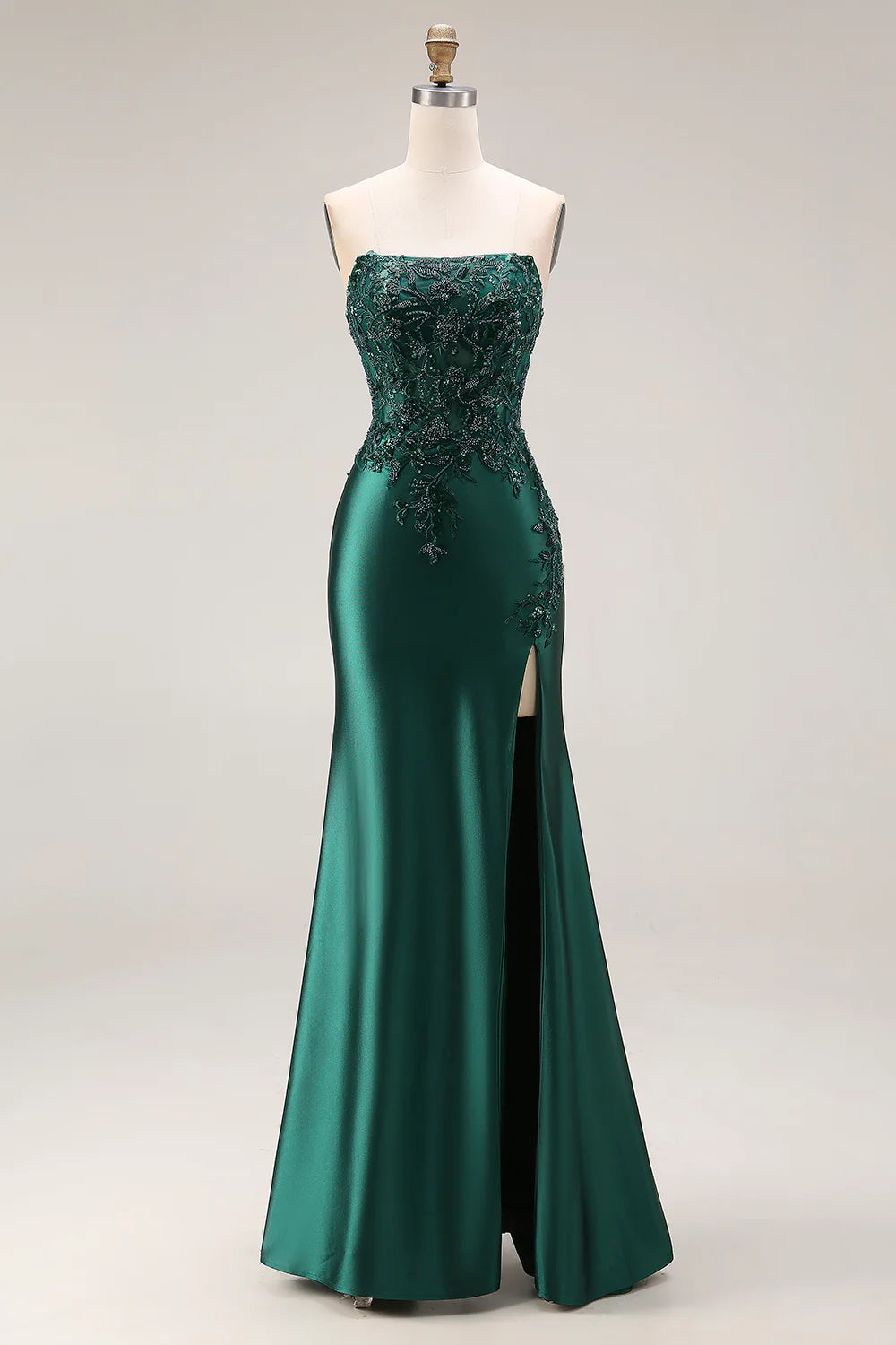 Emerald Green Strapless Beaded Lace-Up Mermaid Prom Dress with High Slit