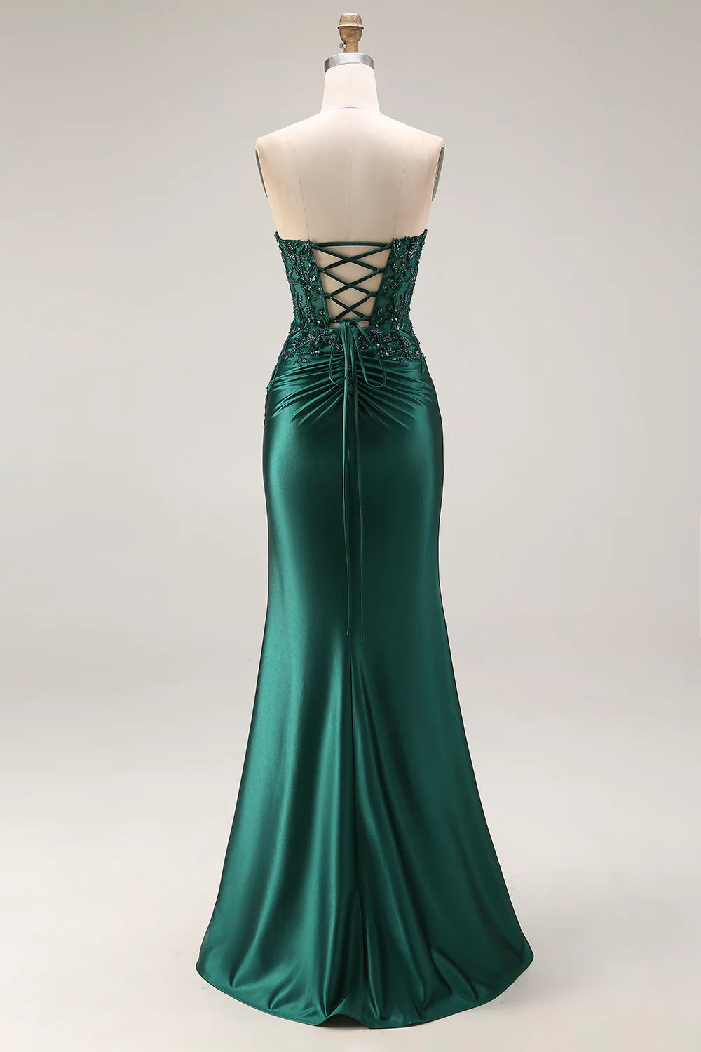 Emerald Green Strapless Beaded Lace-Up Mermaid Prom Dress with High Slit