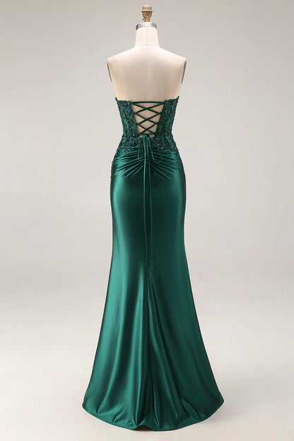 Emerald Green Strapless Beaded Lace-Up Mermaid Prom Dress with High Slit