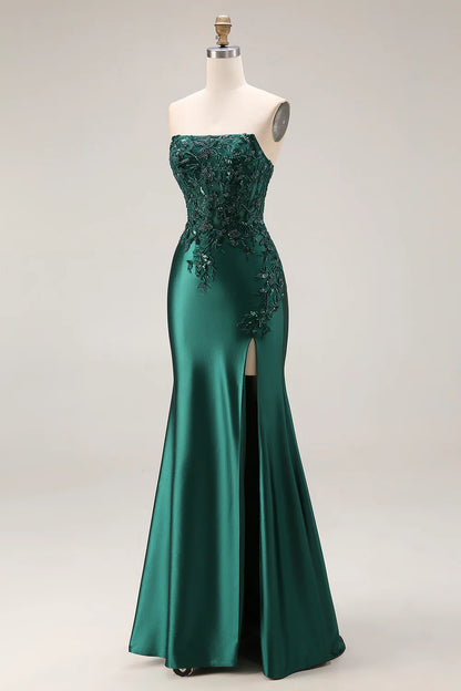 Emerald Green Strapless Beaded Lace-Up Mermaid Prom Dress with High Slit