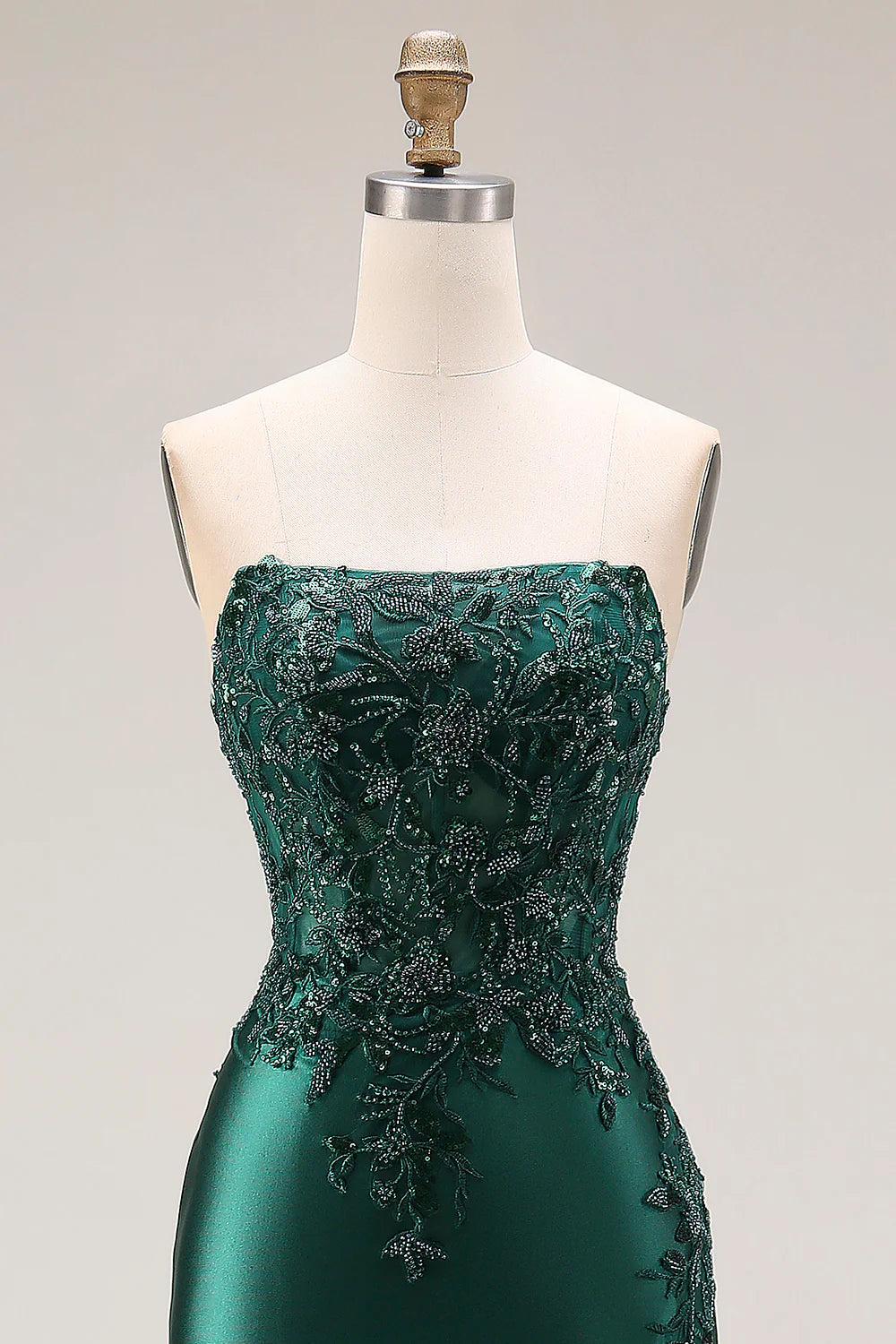 Emerald Green Strapless Beaded Lace-Up Mermaid Prom Dress with High Slit