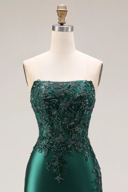Emerald Green Strapless Beaded Lace-Up Mermaid Prom Dress with High Slit