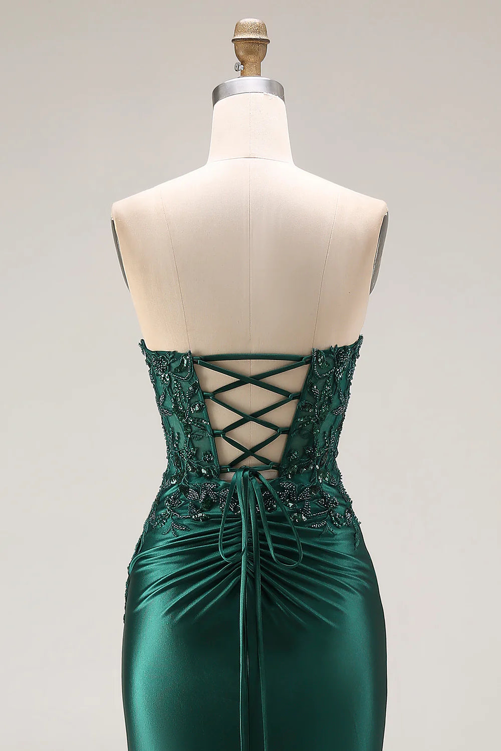Emerald Green Strapless Beaded Lace-Up Mermaid Prom Dress with High Slit