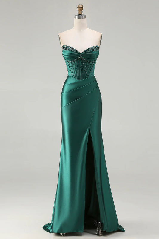 Emerald Green Strapless Mermaid Prom Dress with Beaded Corset, Lace-Up Back and Slit