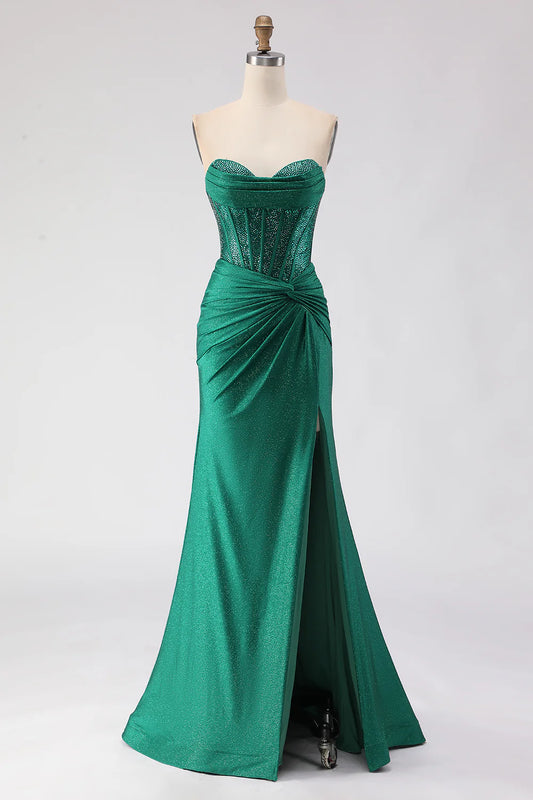 Emerald Green Strapless Mermaid Prom Dress with Beaded Corset, Twist Waist and Slit