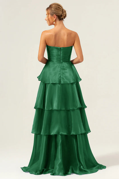 Emerald Green Strapless Ruched Bodice Tiered Ruffle A-Line Maxi Prom Dress