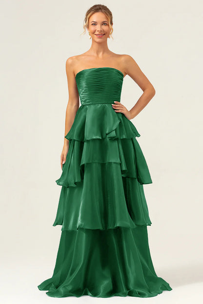 Emerald Green Strapless Ruched Bodice Tiered Ruffle A-Line Maxi Prom Dress