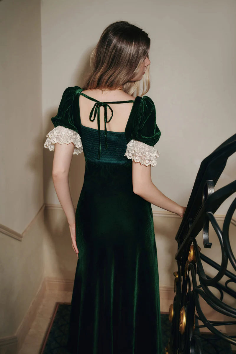 Emerald Green Velvet Midi Dresses with Square Neck Sheer Jacquard Bodice Puff Sleeves Lace Cuffs Tie Back and Flared Mermaid Skirt