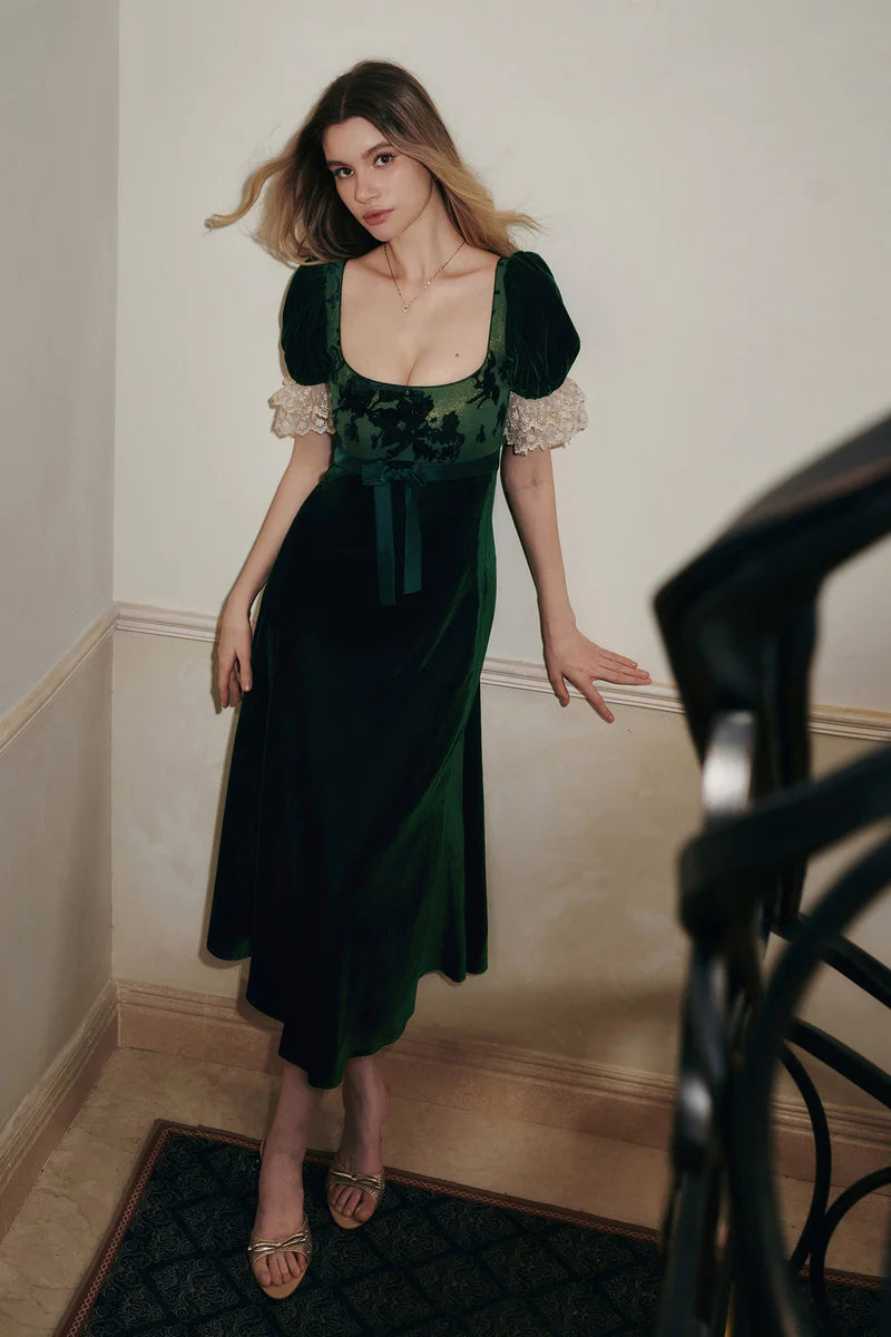 Emerald Green Velvet Midi Dresses with Square Neck Sheer Jacquard Bodice Puff Sleeves Lace Cuffs Tie Back and Flared Mermaid Skirt