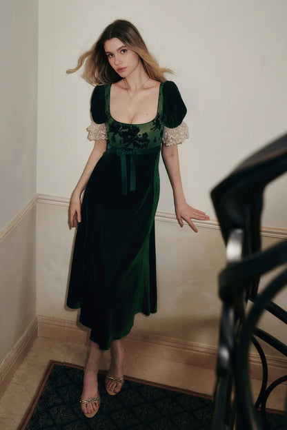 Emerald Green Velvet Midi Dresses with Square Neck Sheer Jacquard Bodice Puff Sleeves Lace Cuffs Tie Back and Flared Mermaid Skirt