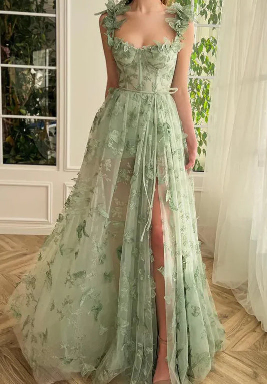Enchanted Butterfly-Embroidered Sweetheart Spaghetti-strap High-slit Floor-length Prom Dress