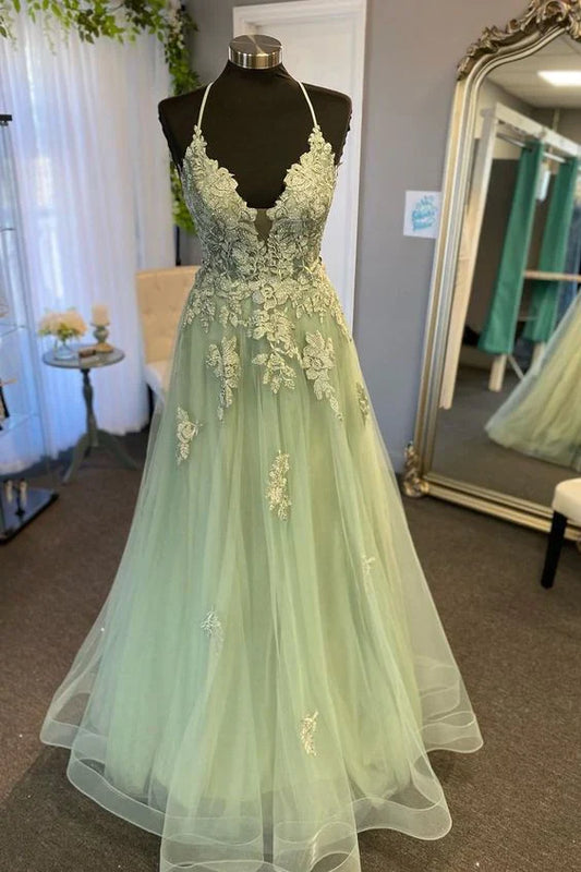 Enchanted Floral Lace Halter-neck Cross-back Tulle Floor-length Prom Dress