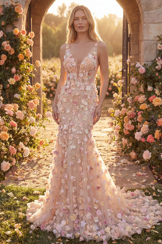 Enchanting 3D Floral Applique Sheer Tulle Mermaid Gown with Deep V-Back Prom Dress