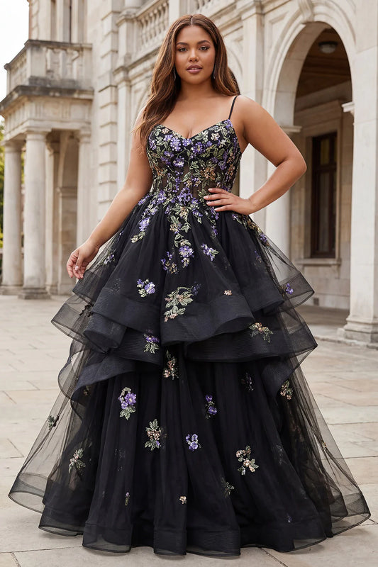 Enchanting A-Line Spaghetti Strap Sweetheart Neck Sleeveless Lace-Up Back Floor-Length Ruffle Hem Floral Embroidered Prom Dress