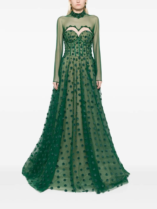Enchanting Emerald Green 3D Floral Tulle Prom Dress