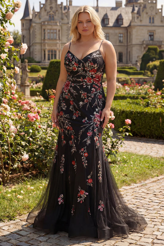 Enchanting Mermaid Spaghetti Strap V-Neck Sleeveless Lace-Up Back Floor-Length Floral Embroidered Prom Dress
