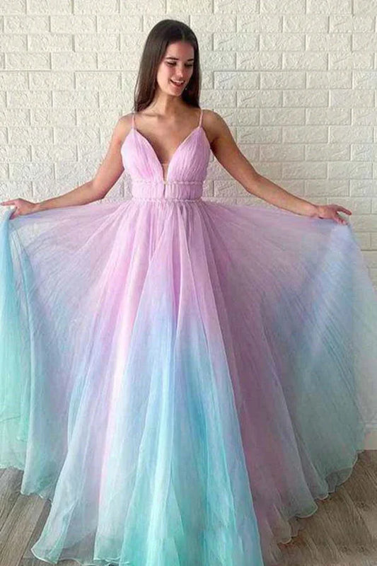 Enchanting Ombre A-Line V-Neck Spaghetti-Strap Open-Back Floor-Length Prom Gown