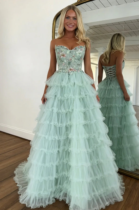 Enchanting Strapless Mint Green Floral Embroidered Corset Bodice Tiered Tulle Ball Gown Prom Dress